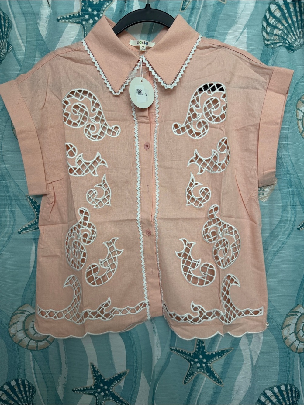 Pastels Peach Lace-Trim Button Front Blouse